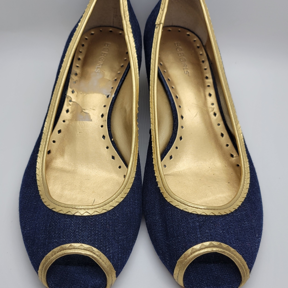 BCBGirls Navy and Gold Peep-Toe Flats